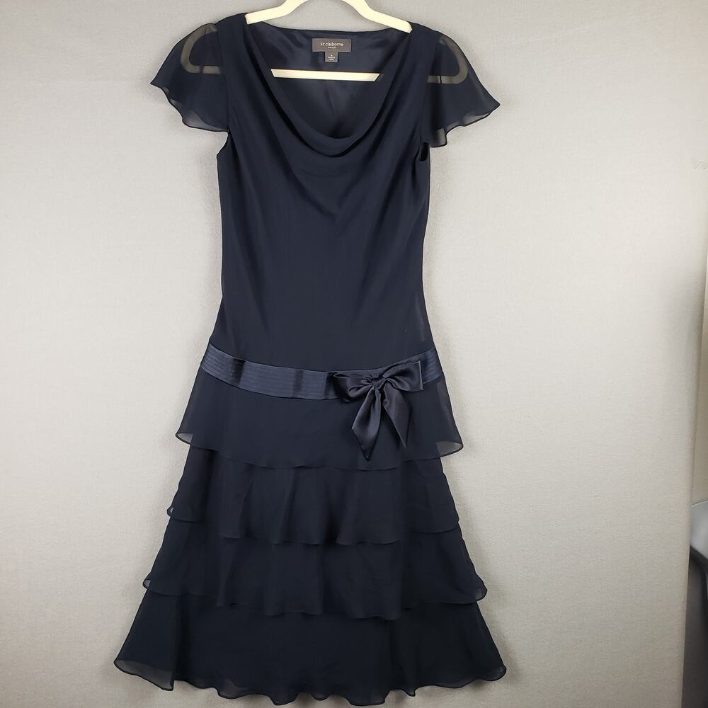 Liz Claiborne 4 Tiered Chiffon Maxi Dress Navy Blue Semi Formal Southern Wedding
